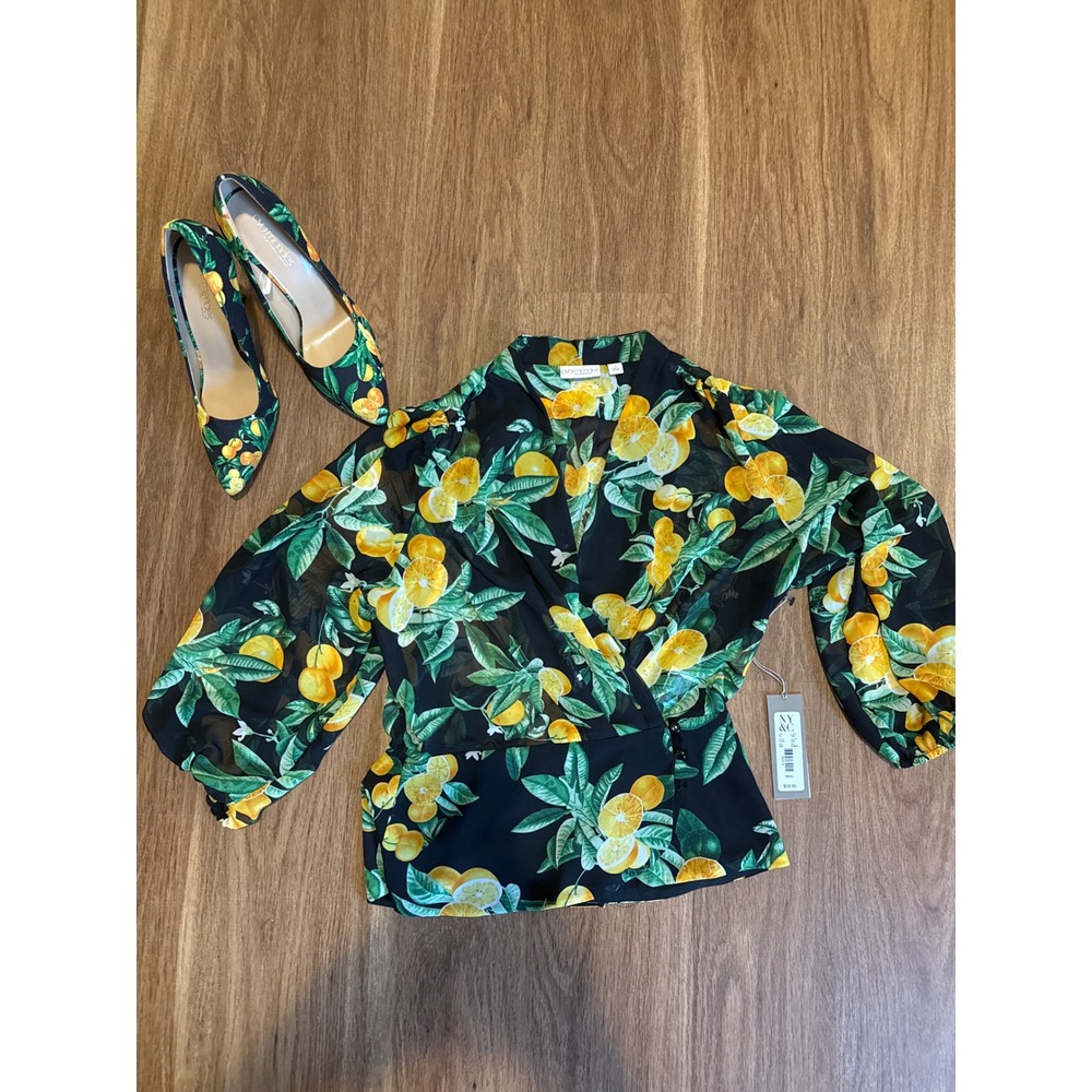 Eva Mendes  Lemon Orange Citrus Print Wrap Blouse Black Small NWT & heels size 8
